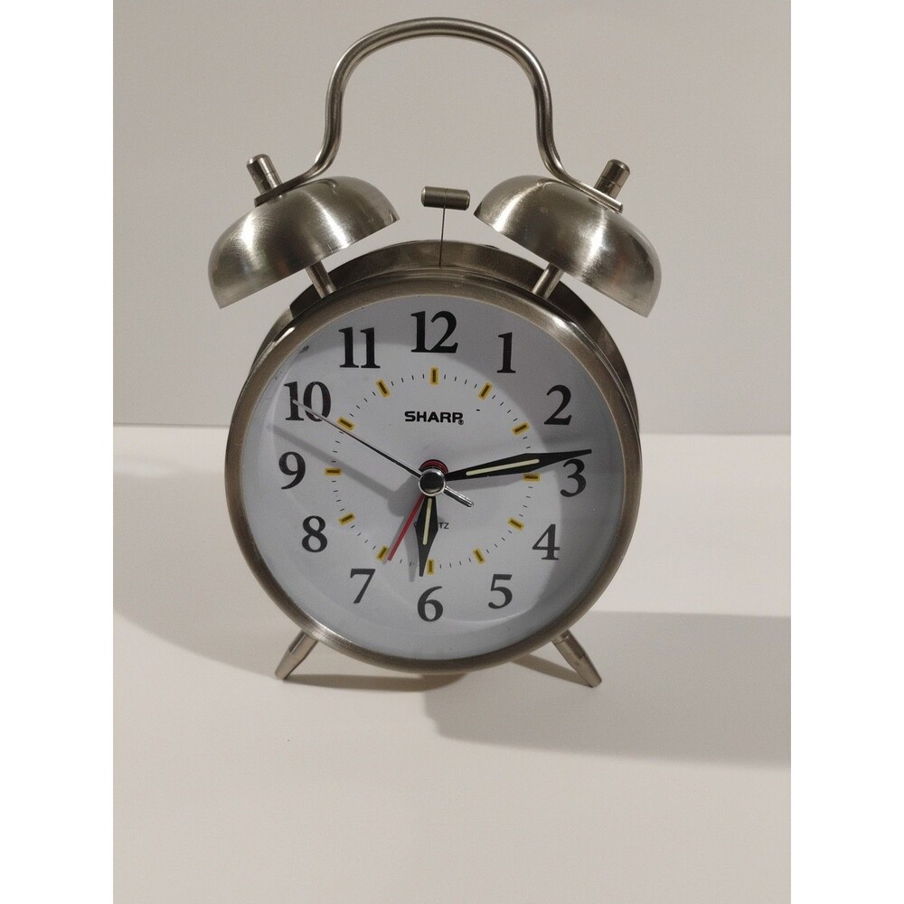SHARP Twin Bell Quartz Analog Alarm Clock, Silver Brushed Metal, Loud Alarm